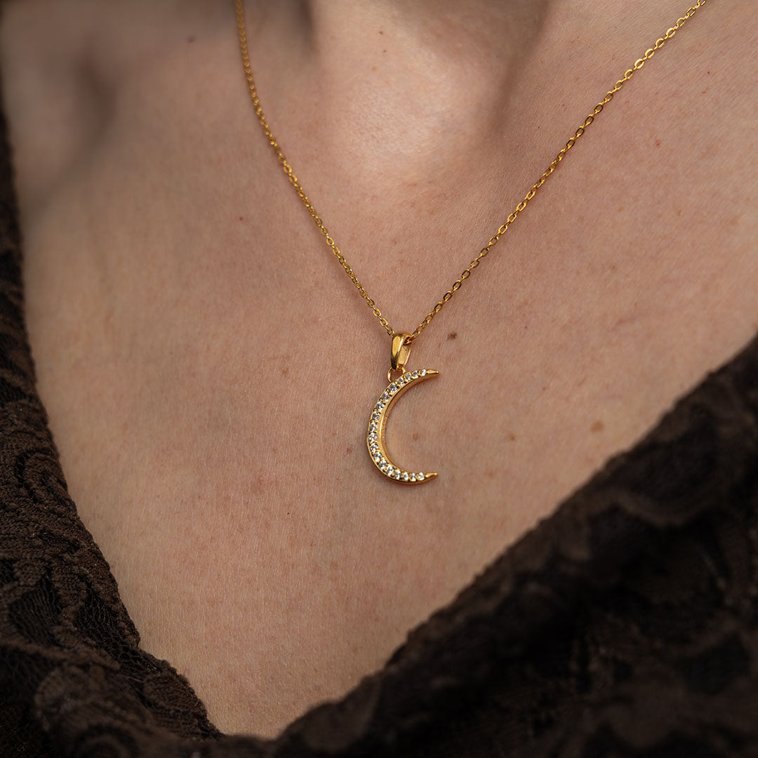 Halskæde med Vedhæng Moon Cubic Zirkonia Forgyldt Sterling Sølv 45 cm