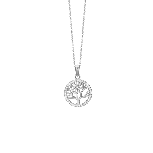 Halskæde med Vedhæng Livets Træ Rundt Cubic Zirkonia Sterling Sølv 45 cm
