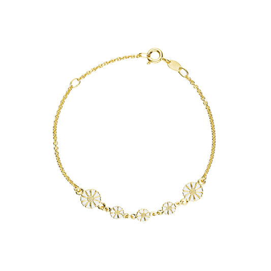 Marguerit armbånd, 24 kt guldbelagt sølv, hvid emalje 16-19cm 925