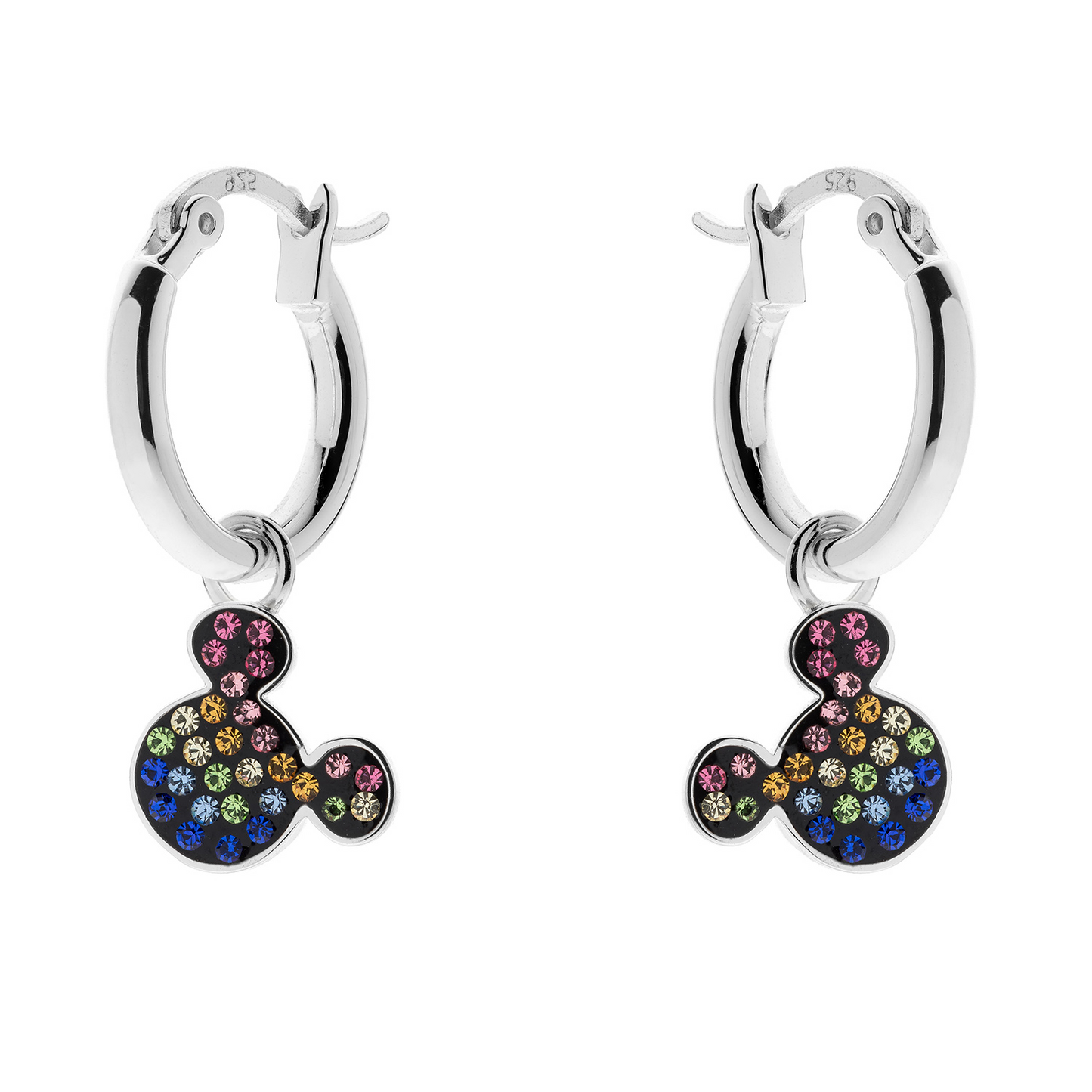 Sølv creoler Mickey Mouse med forskellige farver som hænger.