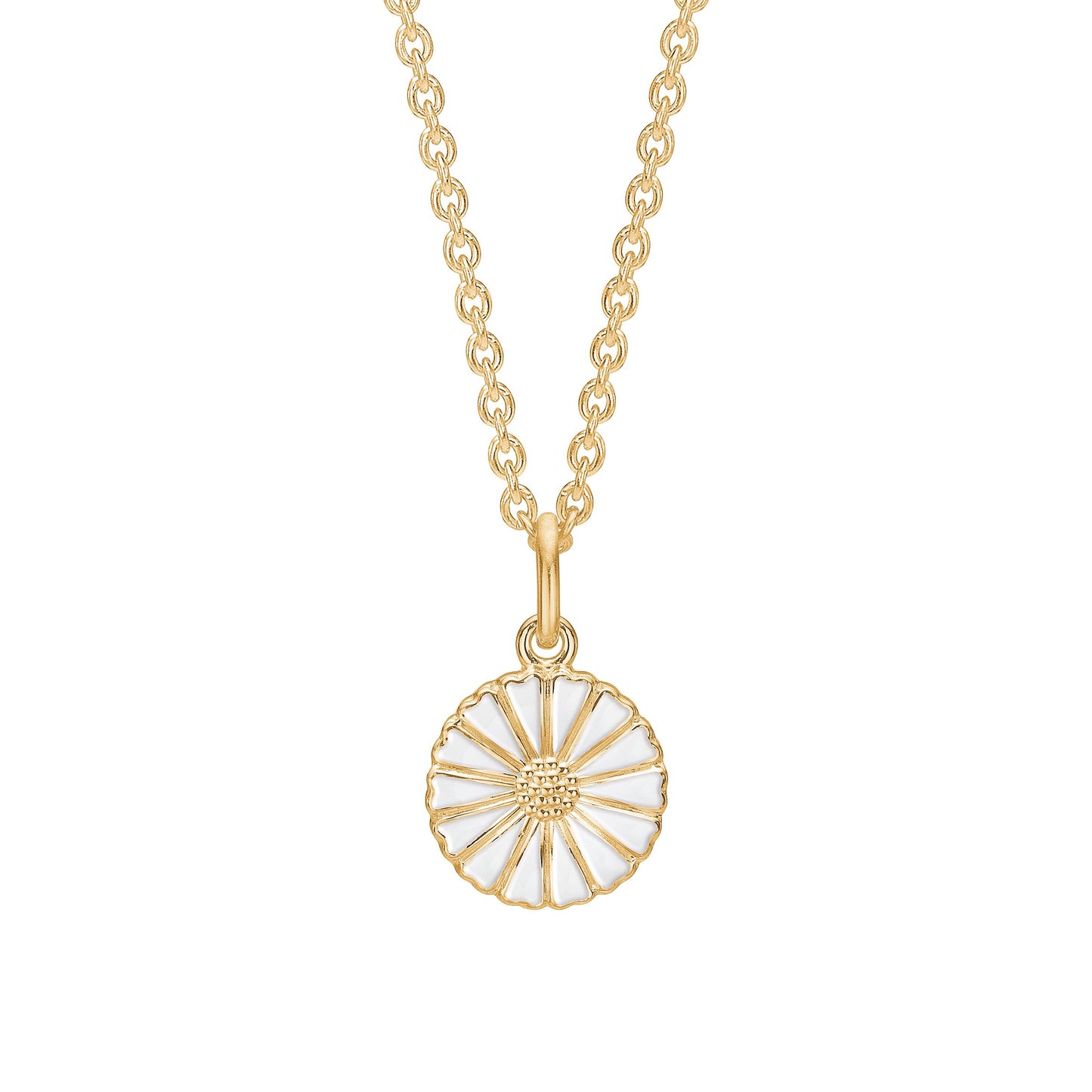 Marguerit collier, 11 mm, 24kt guldbelagt sølv, hvid emalje, 45-48 cm