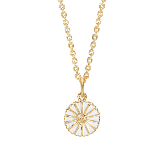 Marguerit collier, 11 mm, 24kt guldbelagt sølv, hvid emalje, 45-48 cm