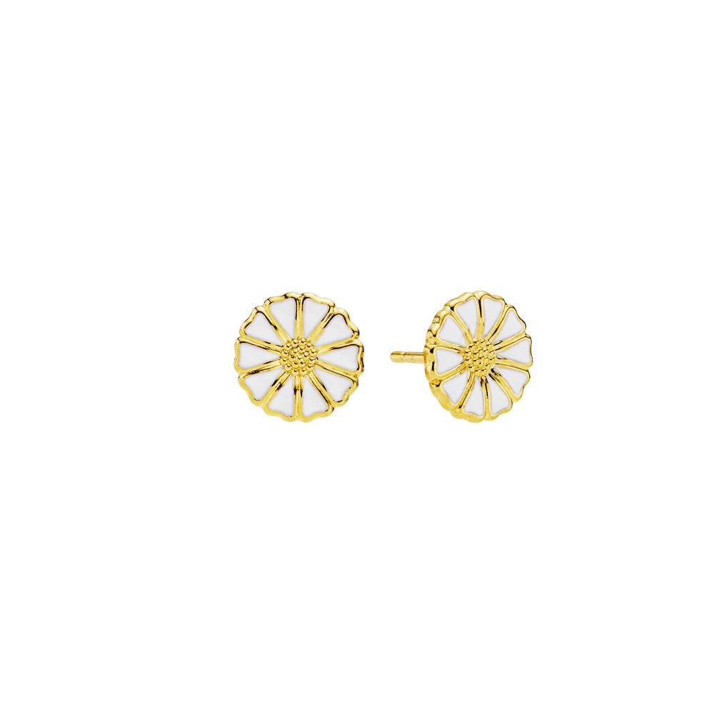 Marguerit ørestik, 9mm ,24 kt guldbelagt sølv,  hvid emalje