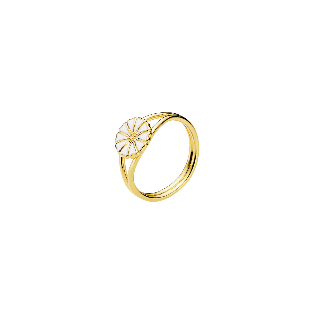 Marguerit ring, 24 kt guldbelagt sølv, hvid emalje