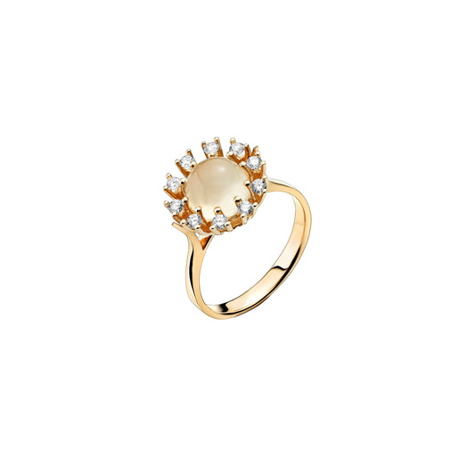 14 kt. guldring med månesten og diamanter
