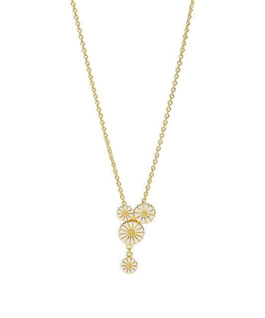 Marguerit collier "buket" 24 kt guldbelagt, hvid emalje, 42-45cm, 925 sølv