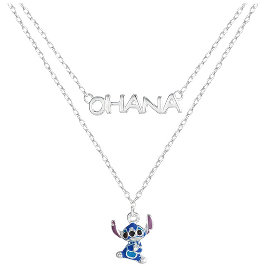 Sølv halskæde Stitch med teksten OHANA.på dobbelt kæde.
