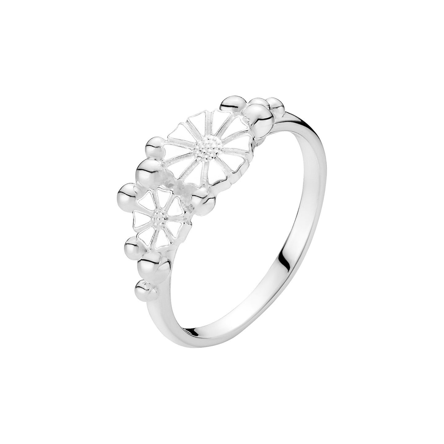 Marguerit ring, sølv, med kugler og  hvid emajle