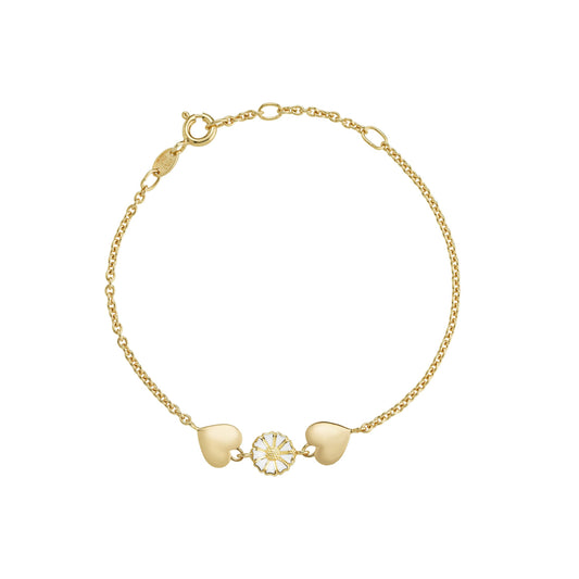 Marguerit armbånd, 2 hjerter, mat, 24 kt guldbelagt sølv, hvid emalje
