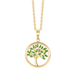 14 kt. guld vedhæng livets træ med grøn  cubic zirconia i cirkel.