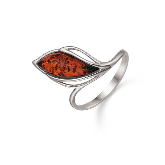 Sølv ring rhodineret blad med rav. Mål: 21 x10 mm.