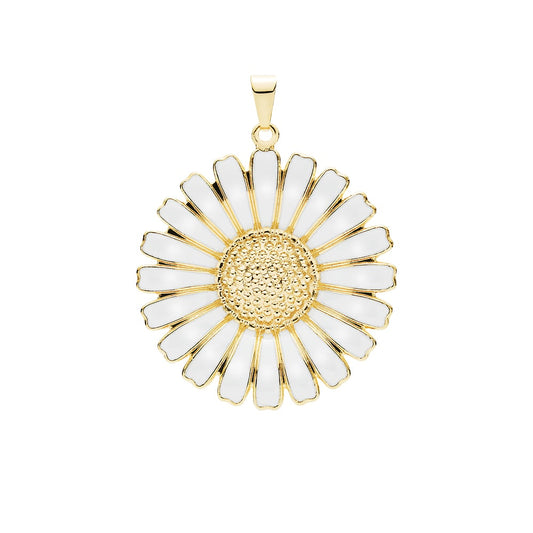 Marguerit vedhæng 36mm, 24 kt guldbelagt sølv, hvid emalje