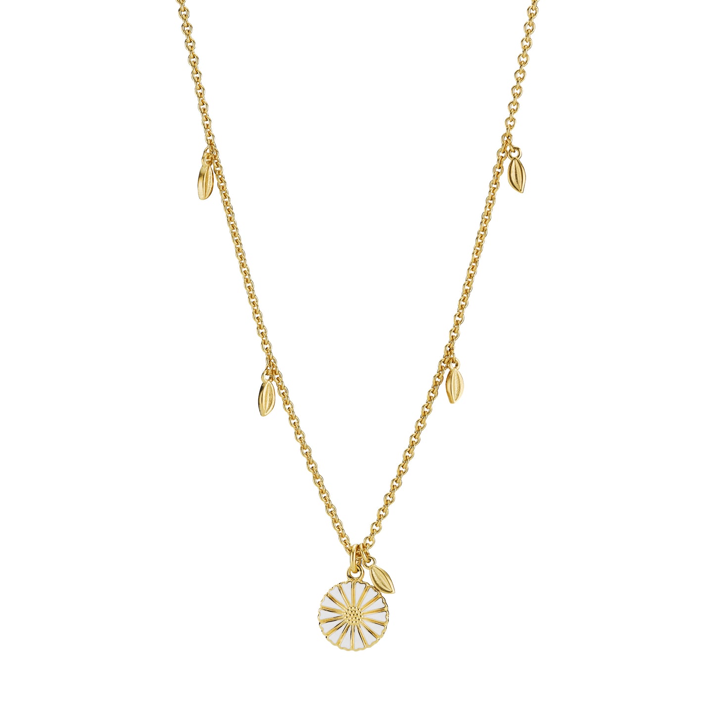 Marguerit collier, 11 mm, med blade, 24 kt guldbelagt sølv, hvid emalje, 45-48 cm