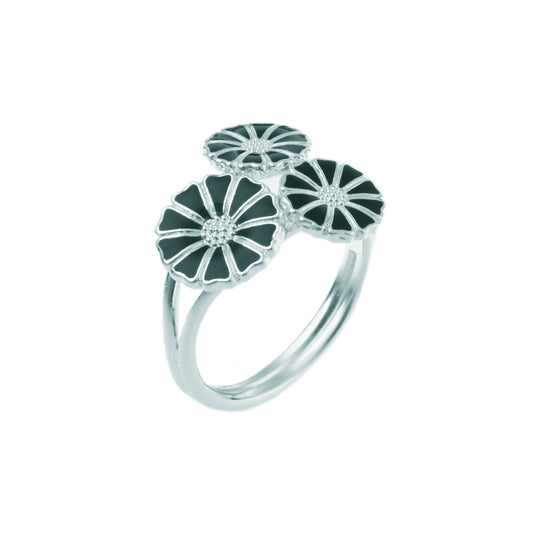 Marguerit ring med buket, sort emalje, sølv