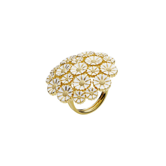 Marguerit ring,  hvid emalje, 24 kt guldbelagt sølv