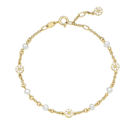 Marguerit armbånd, ferskvandsperler, 24kt guldbelagt sølv, hvid emalje