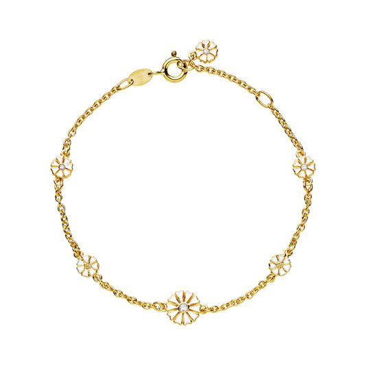 Marguerit armbånd, 4 zirkonia 24kt guldbelagt sølv, hvid emalje