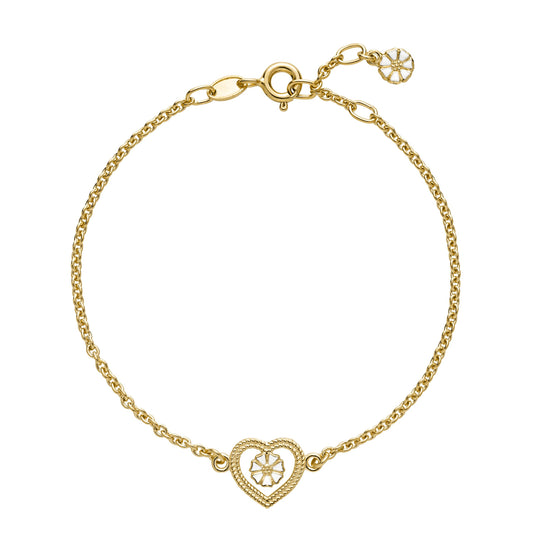 Marguerit armbånd, snoet hjerte, 24kt guldbelagt sølv, hvid emalje.