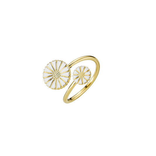 Marguerit ring med 1x7,5 mm og 1x11mm 24 kt forgyldt hvid emalje 925