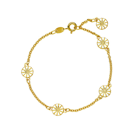 Marguerit armbånd, 24 kt guldbelagt sølv, hvid emalje