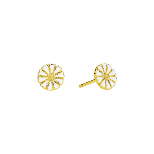 Marguerit ørestik, 7,5mm, 24 kt guldbelagt sølv, hvid emalje