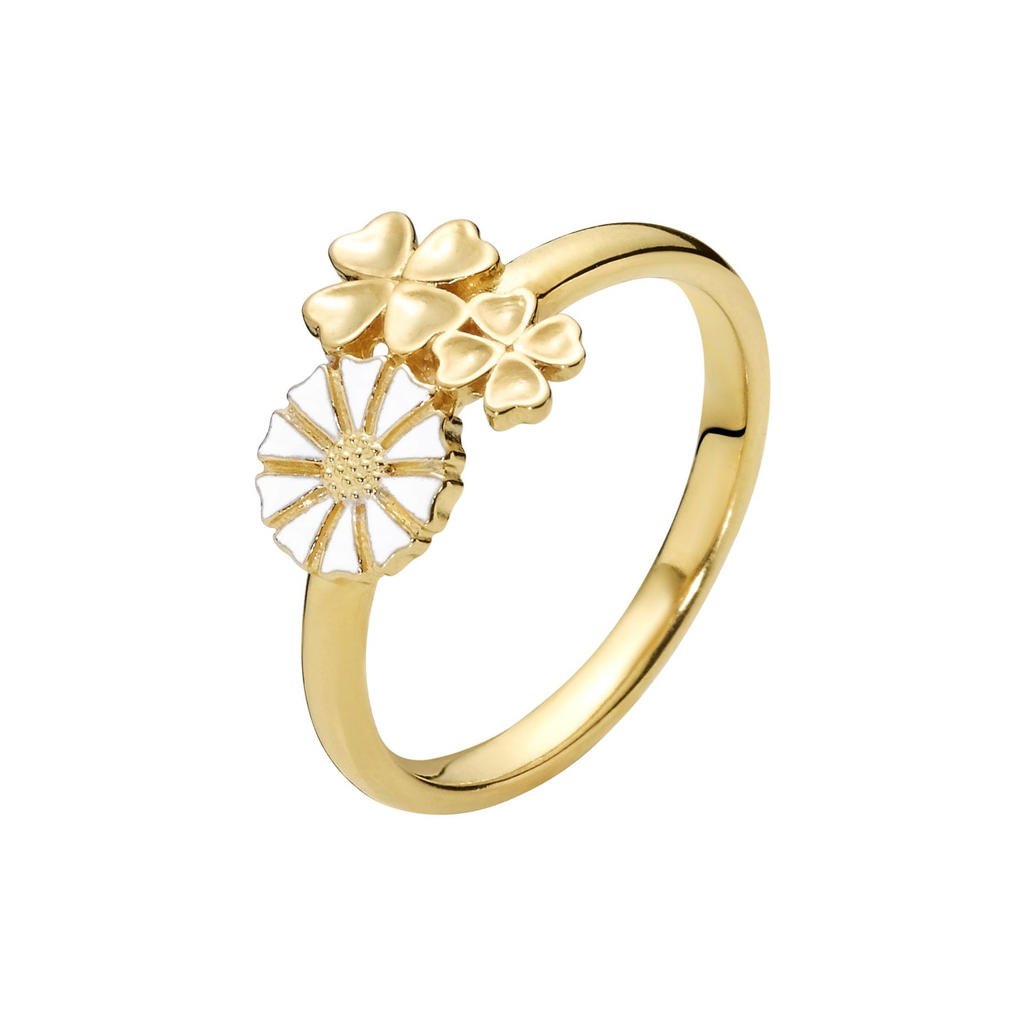 Marguerit ring, firkløver 24kt guldbelagt sølv, hvid emajle