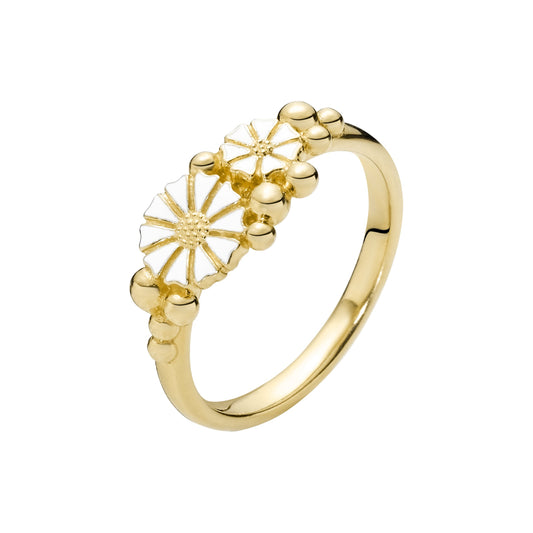Marguerit ring med kugler, 24kt  guldbelagt sølv, hvid emalje