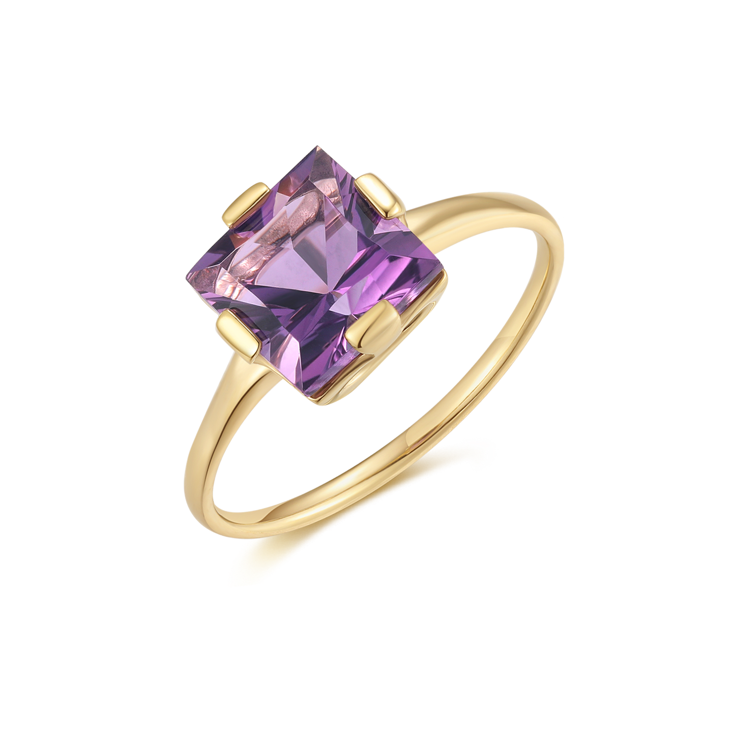 9 kt. guld ring firkant med amertyst. Mål sten 9 mm. i diameter.
