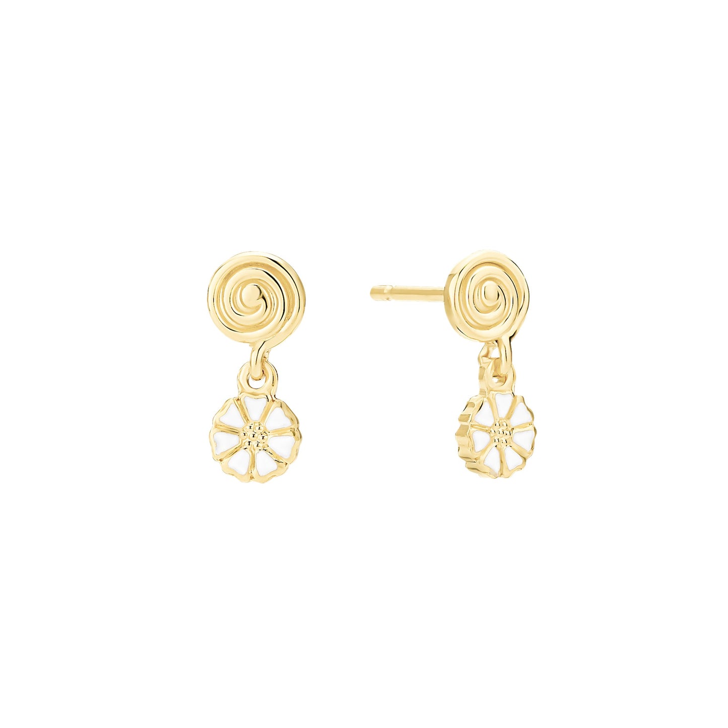 Marguerit ørestik, 5mm med spiral,  24kt guldbelagt sølvv, hvid emalje