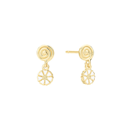 Marguerit ørestik, 5mm med spiral,  24kt guldbelagt sølvv, hvid emalje