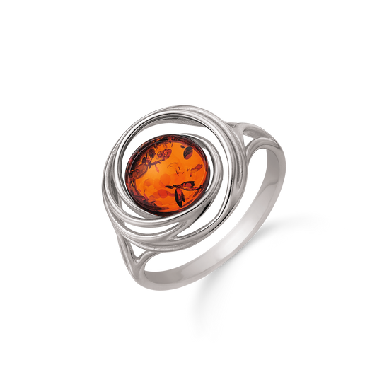 Sølv ring rhodineret rav i ring med dobbelt ring omkring.