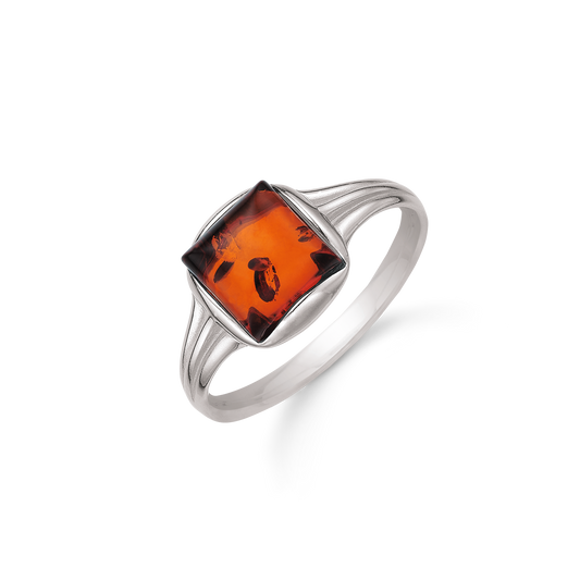 Sølv ring rhodineret rav i firkant.