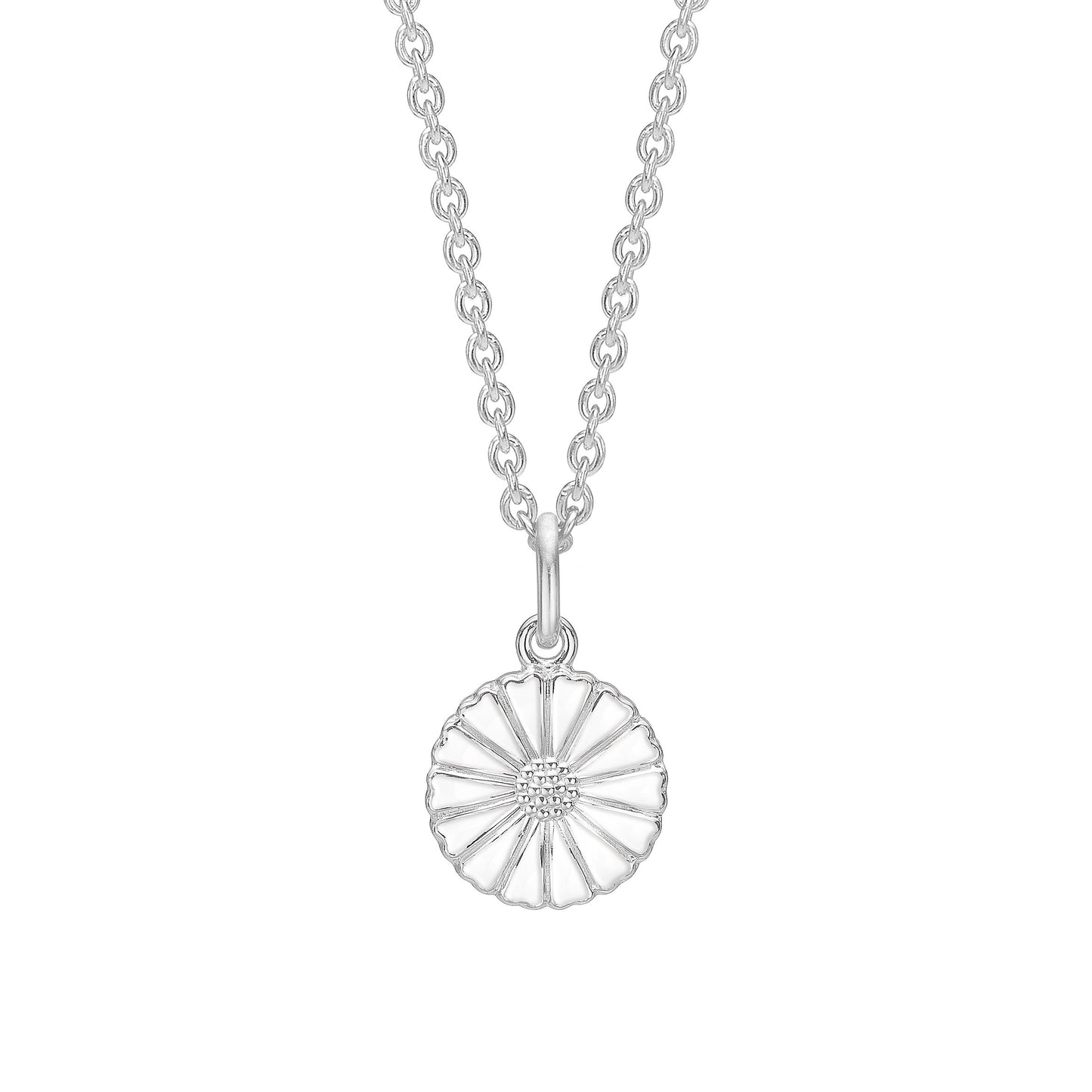 Marguerit collier, 11 mm, hvid emalje, 45-48 cm 925 sølv.