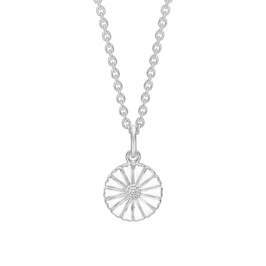 Marguerit collier, 11 mm, hvid emalje, 45-48 cm 925 sølv.