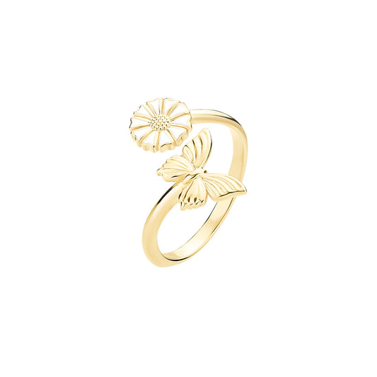 Marguerit ring med sommerfugl, 24kt guldbelagt sølv, hvid emalje
