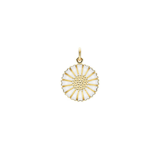 Marguerit vedhæng, 18mm, 24 kt guldbelagt sølv, hvid emalje