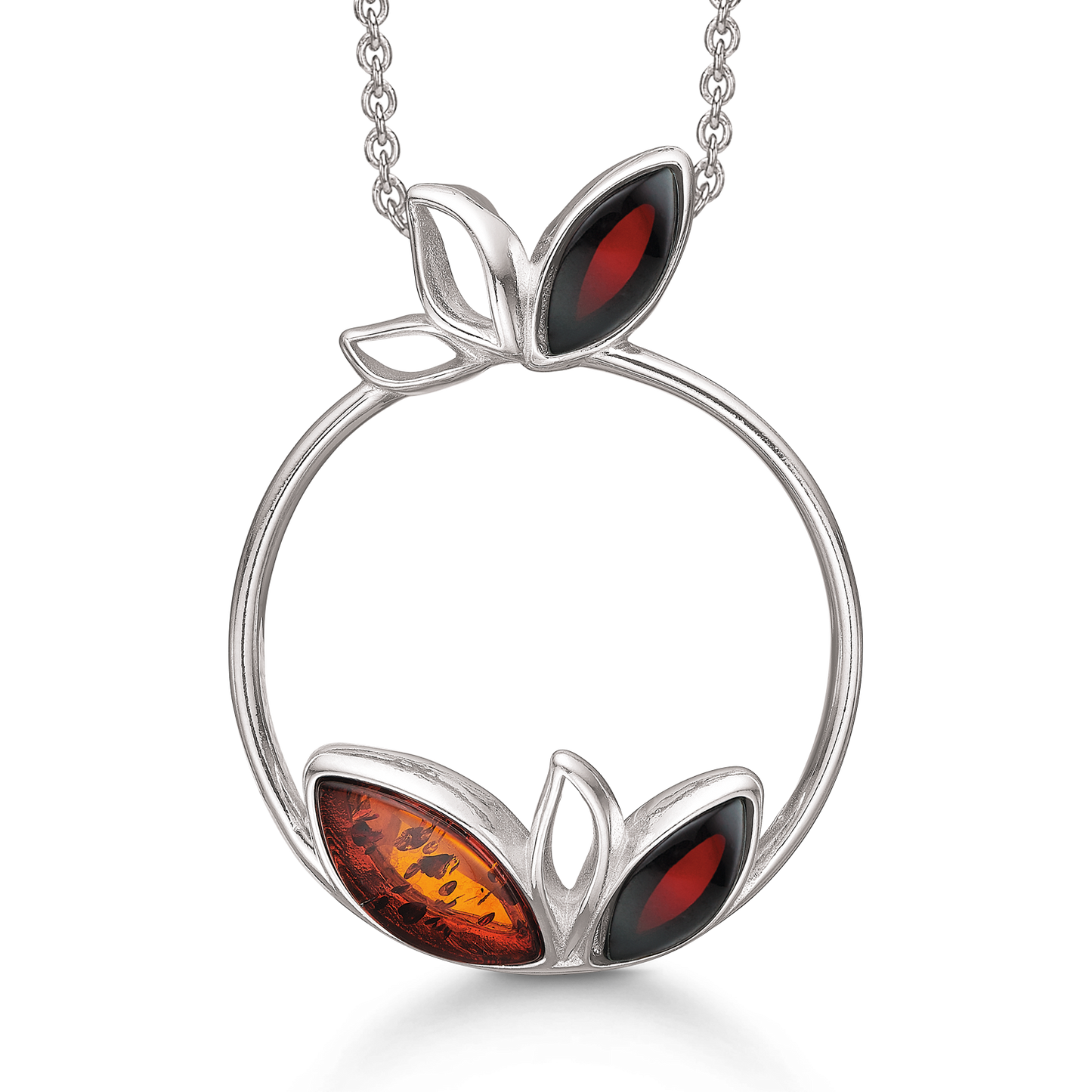 Sølv halskæde rhodineret 6 blade 3 er med rav på cirkel