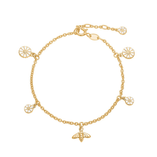 Marguerit armbånd, 24kt guldbelagt sælv, hvid emalje 17-18-19 cm 925