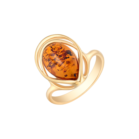 Sølvforgyldt ring dobbelt dråbe med oval rav.