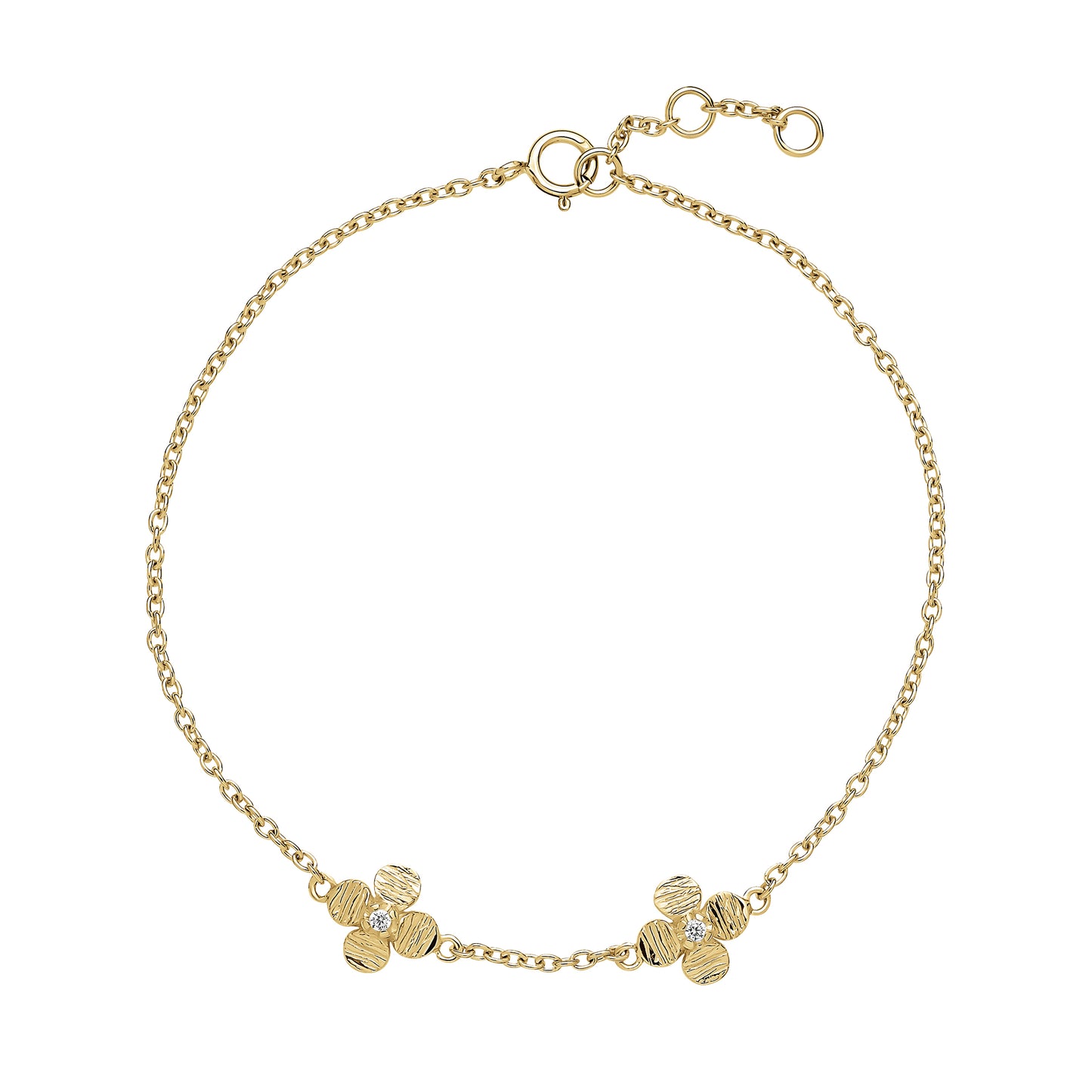 8 kt. guld armbånd med 2 blomster og zirkonia 17-18-19 cm