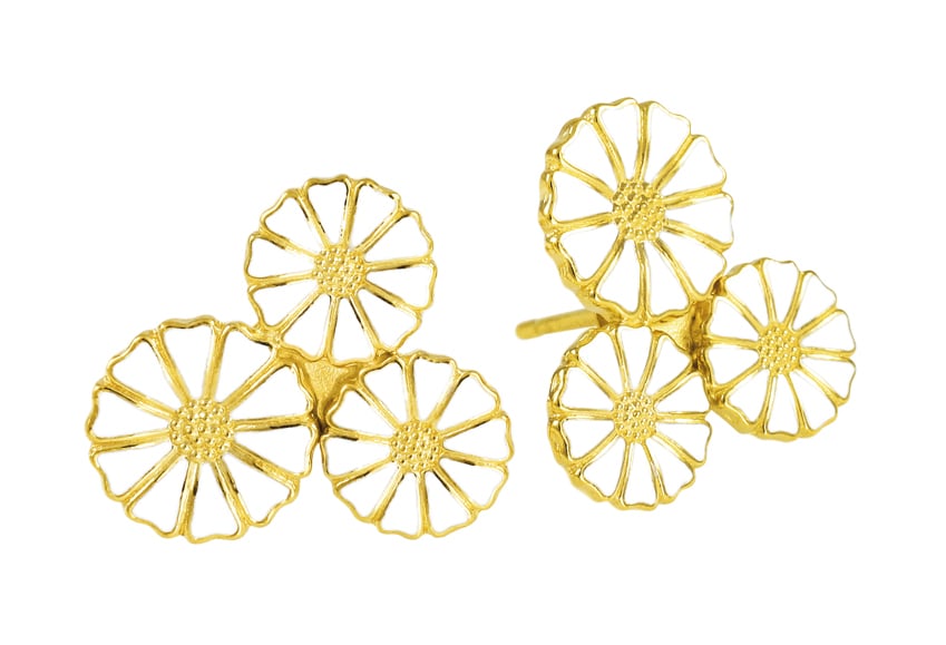 Marguerit ørestik med blomster 24 kt guldbelagt sølv hvid emalje 925