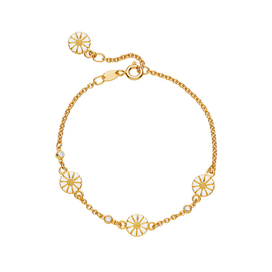 Marguerit armbånd, med 3 zirkonia 24 kt guldbelagt sølv, hvid emalje