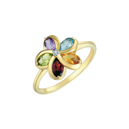 8 kt. guld ring blomst med ametyst, blå topas, citrin, granat, peridot