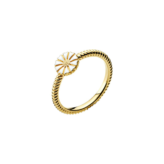 Marguerit ring,med snoet ringskinne, 24kt guldbelagt sølv, hvid emalje