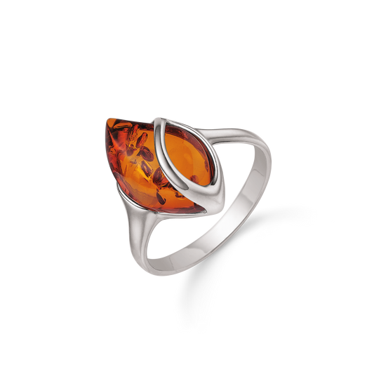 Sølv ring rhodineret blad med rav med små oval oven på.