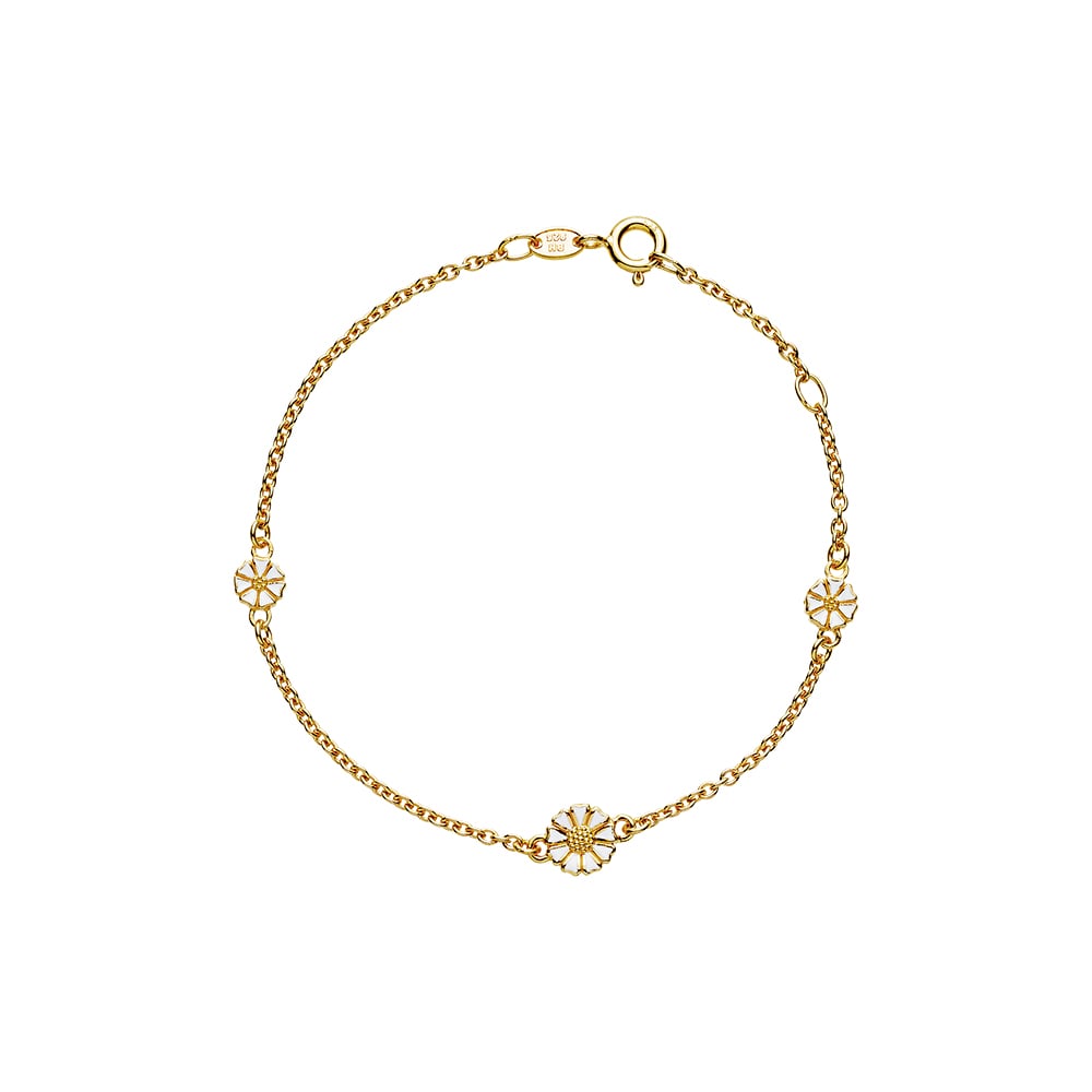 Marguerit armbånd, 24 kt guldbelagt sølv, hvid emalje