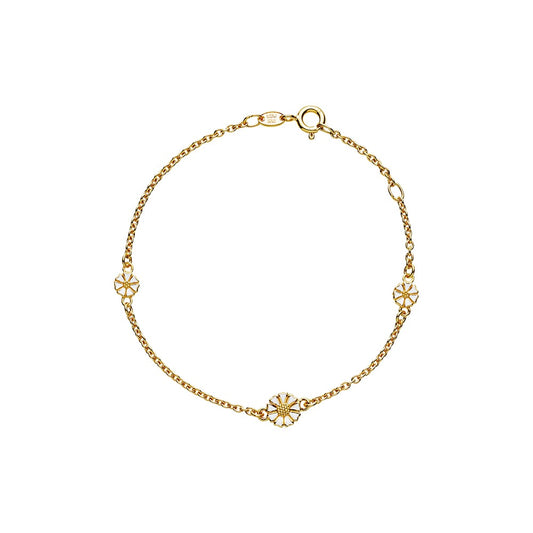 Marguerit armbånd, 24 kt guldbelagt sølv, hvid emalje