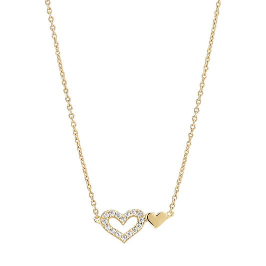 Collier dobbelthjerte med zirkonia, guldbelagt sølv.