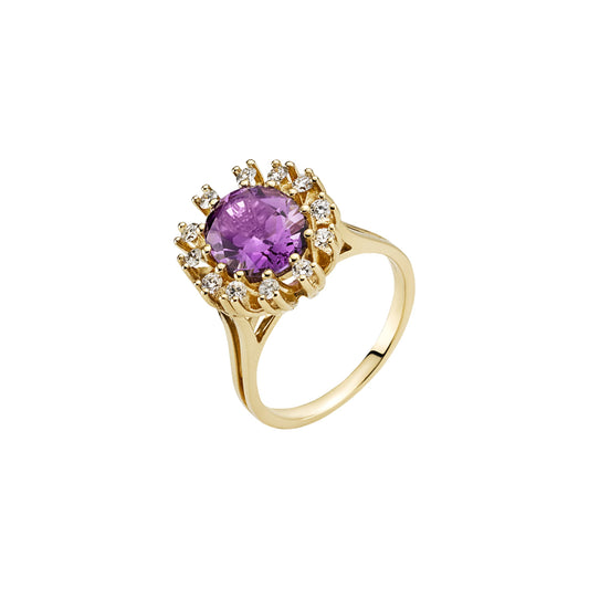 14 kt guldring med ametyst og diamanter 0,36CT