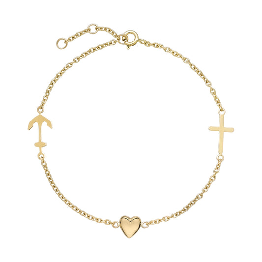 8 kt. guld armbånd med tro, håb og kærlighed 17-18-19 cm